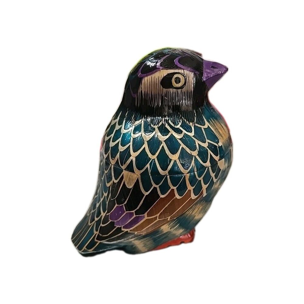 Vintage Chinese lacquerware Bird Trinket Box Multicolored Red Lined EUC